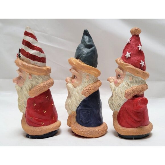 Vintage Lot of 3 Festive Santa Gnome 4 " Tall Resin Figurines With Beards Hats - Picture 2 of 6